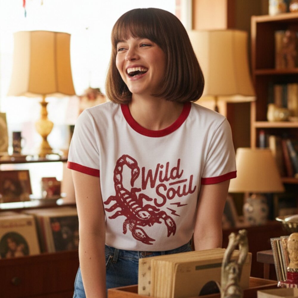 Retro Scorpion Boho Red & White Ringer Graphic Tee Vintage Style Casual Chic